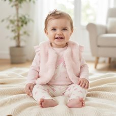 J15547NB: Baby Girls Faux Fur Gilet, Top & Legging Outfit (0-9 Months)